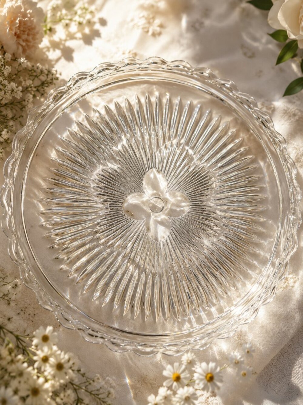 Vintage Pressed Glass Footed Serving Plate / Cake Stand  Scalloped Sunburst
